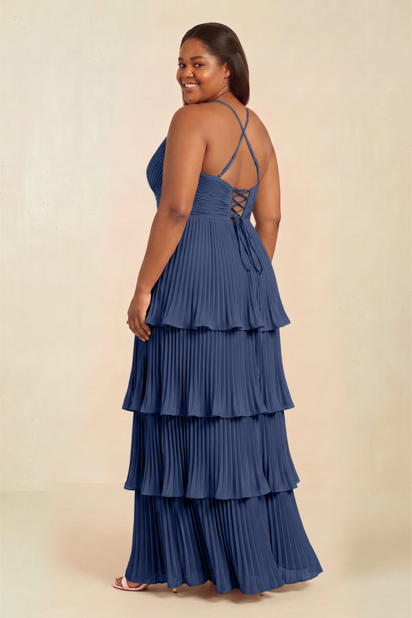 Navy Tiered Pleated V-Neck A-Line Chiffon Bridesmaid Dress (2) [sizeplus] | KISSBRIDAL