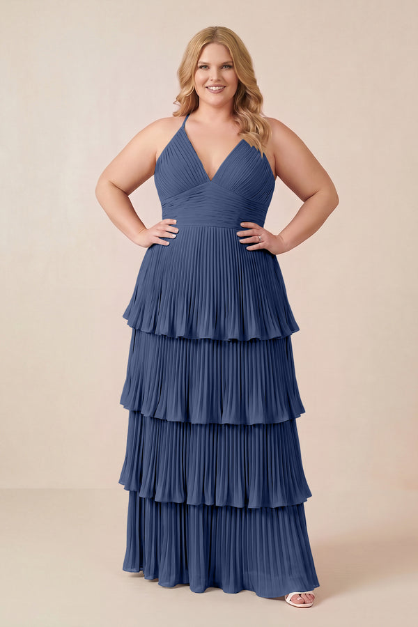 Navy Tiered Pleated V-Neck A-Line Chiffon Bridesmaid Dress (3) [sizeplus] | KISSBRIDAL