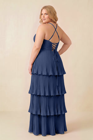 Navy Tiered Pleated V-Neck A-Line Chiffon Bridesmaid Dress (4) [sizeplus] | KISSBRIDAL