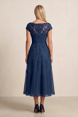 Navy Tulle Embroidered A-Line Illusion Neck Mother of the Bride Dress (2) | KISSBRIDAL