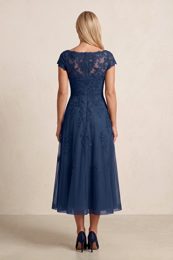 Navy Tulle Embroidered A-Line Illusion Neck Mother of the Bride Dress (2) | KISSBRIDAL