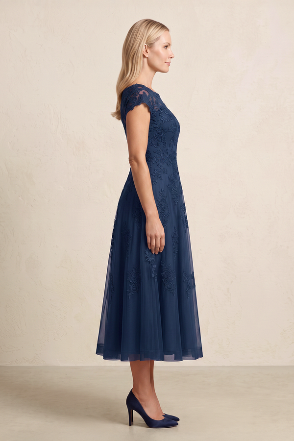 Navy Tulle Embroidered A-Line Illusion Neck Mother of the Bride Dress (3) | KISSBRIDAL