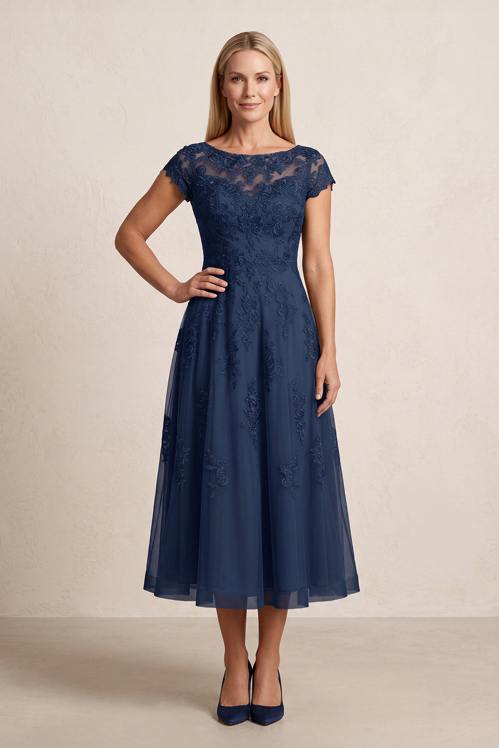 Navy Tulle Embroidered A-Line Illusion Neck Mother of the Bride Dress