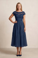 Navy Tulle Embroidered A-Line Illusion Neck Mother of the Bride Dress | KISSBRIDAL
