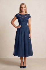 Navy Tulle Embroidered A-Line Illusion Neck Mother of the Bride Dress | KISSBRIDAL