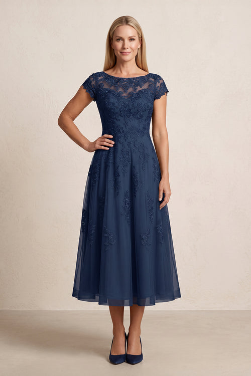 Navy Tulle Embroidered A-Line Illusion Neck Mother of the Bride Dress | KISSBRIDAL