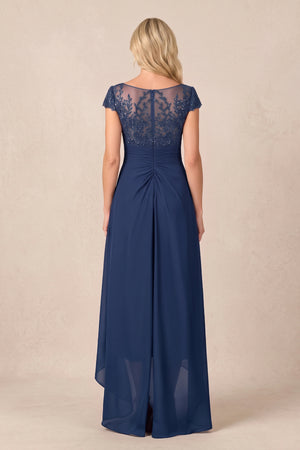 Navy V-Neck Chiffon A-Line Embroidered Ruched Mother of the Bride Dress (2) | KISSBRIDAL