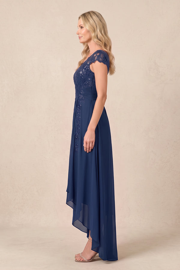 Navy V-Neck Chiffon A-Line Embroidered Ruched Mother of the Bride Dress (3) | KISSBRIDAL