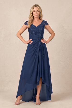 Navy V-Neck Chiffon A-Line Embroidered Ruched Mother of the Bride Dress | KISSBRIDAL