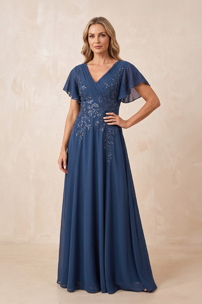 Navy V-Neck Chiffon Ruffled Sleeves A-Line Mother of the Bride Dress