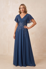 Navy V-Neck Chiffon Ruffled Sleeves A-Line Mother of the Bride Dress (2) | KISSBRIDAL