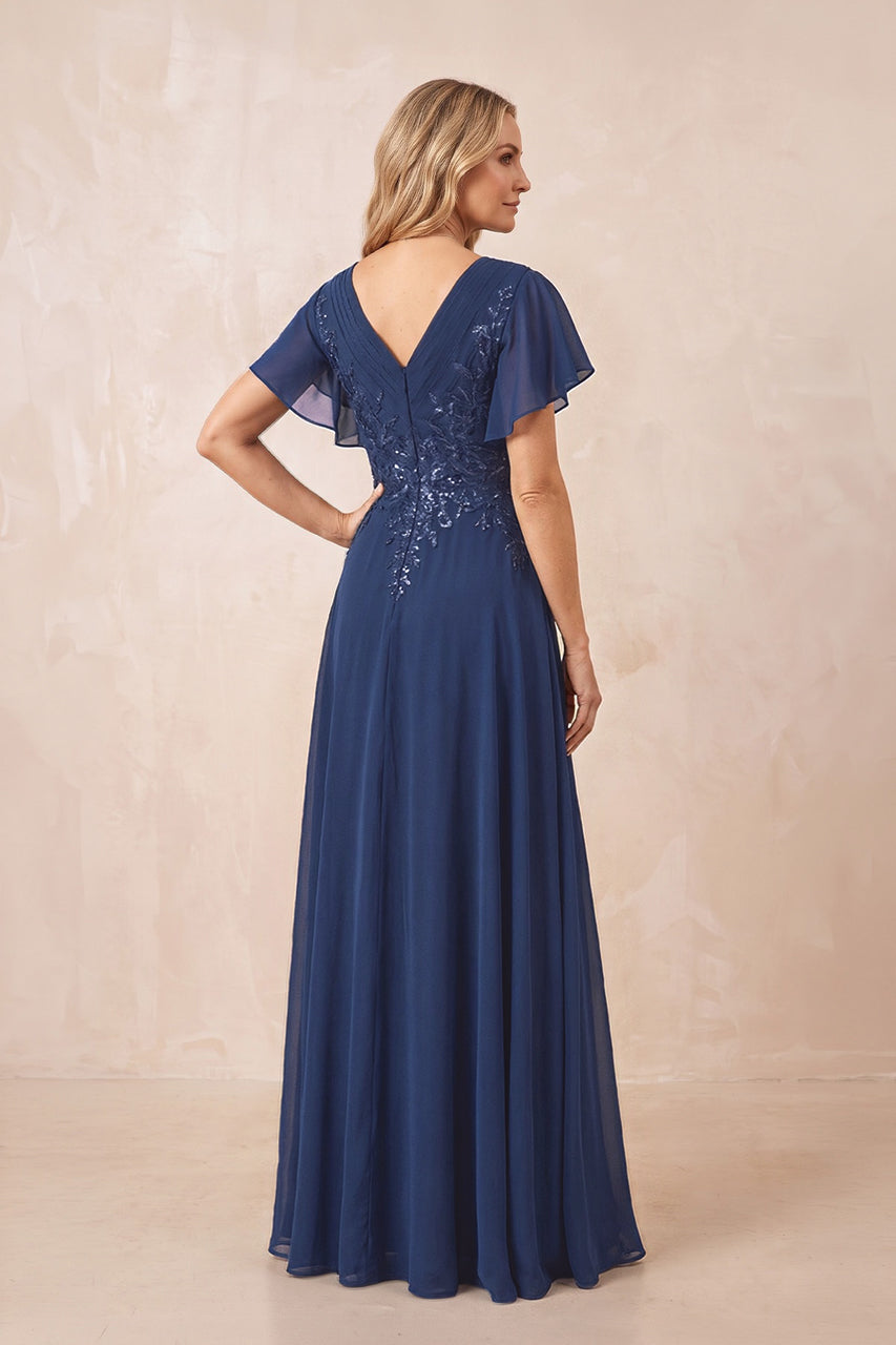 Navy V-Neck Chiffon Ruffled Sleeves A-Line Mother of the Bride Dress