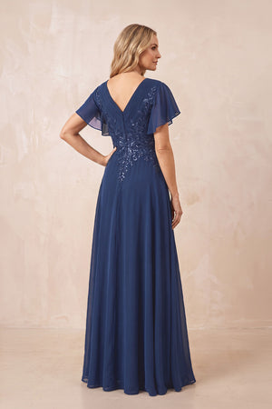 Navy V-Neck Chiffon Ruffled Sleeves A-Line Mother of the Bride Dress (2) | KISSBRIDAL