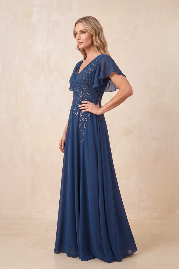 Navy V-Neck Chiffon Ruffled Sleeves A-Line Mother of the Bride Dress (3) | KISSBRIDAL