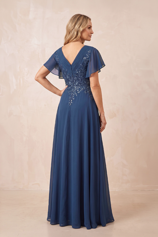 Navy V-Neck Chiffon Ruffled Sleeves A-Line Mother of the Bride Dress | KISSBRIDAL