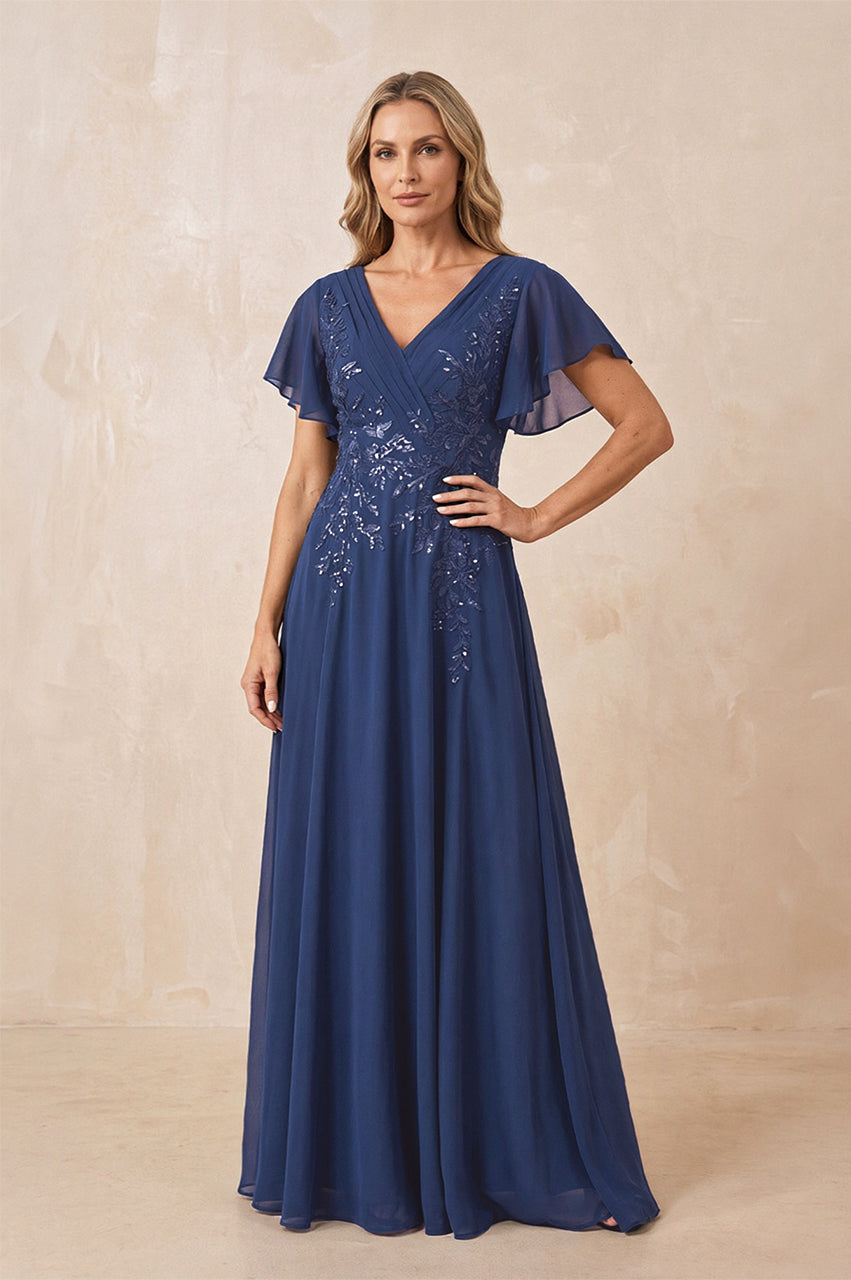 Navy V-Neck Chiffon Ruffled Sleeves A-Line Mother of the Bride Dress