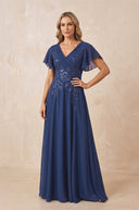 Navy V-Neck Chiffon Ruffled Sleeves A-Line Mother of the Bride Dress | KISSBRIDAL