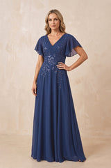 Navy V-Neck Chiffon Ruffled Sleeves A-Line Mother of the Bride Dress | KISSBRIDAL
