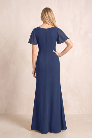 Navy V-Neck Sheath Chiffon Ruffled Short Sleeves Mother of the Bride Dress with Slit (2) | KISSBRIDAL