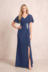 Navy V-Neck Sheath Chiffon Ruffled Short Sleeves Mother of the Bride Dress with Slit | KISSBRIDAL