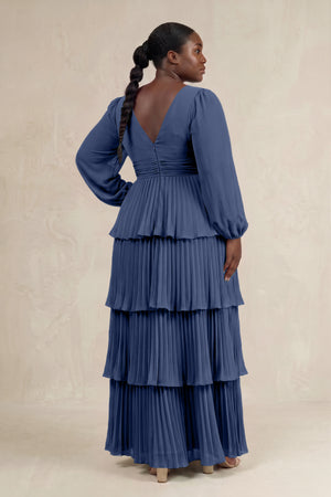 Navy V-Neck Tiered A-Line Long Sleeve Bridesmaid Dress (2) [sizeplus] | KISSBRIDAL