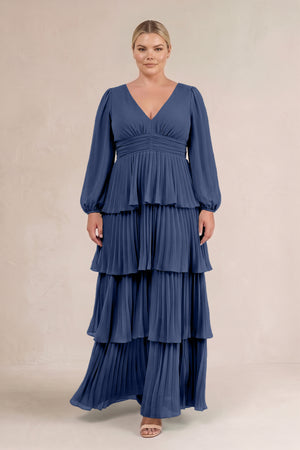 Navy V-Neck Tiered A-Line Long Sleeve Bridesmaid Dress (3) [sizeplus] | KISSBRIDAL