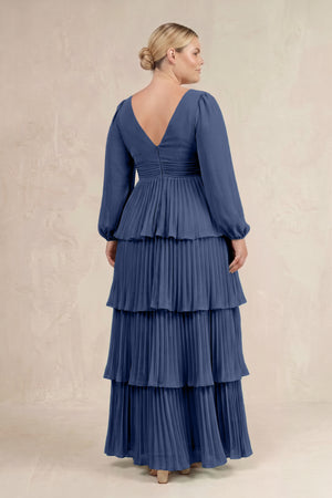 Navy V-Neck Tiered A-Line Long Sleeve Bridesmaid Dress (4) [sizeplus] | KISSBRIDAL