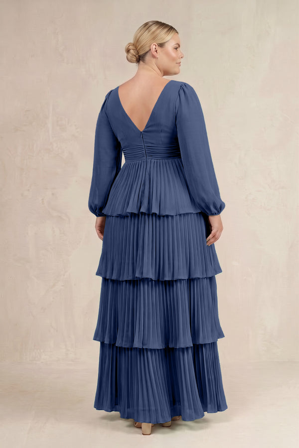 Navy V-Neck Tiered A-Line Long Sleeve Bridesmaid Dress (4) [sizeplus] | KISSBRIDAL
