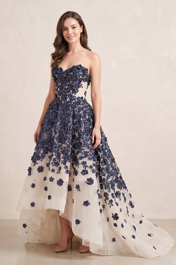 Navy Appliqued Tulle A-Line V-neck Wedding Dress - KISSBRIDAL