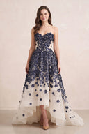 Navy Appliqued Tulle A-Line V-neck Wedding Dress - KISSBRIDAL