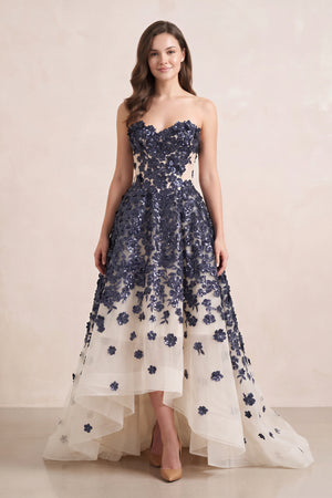 Navy Appliqued Tulle A-Line V-neck Wedding Dress - KISSBRIDAL