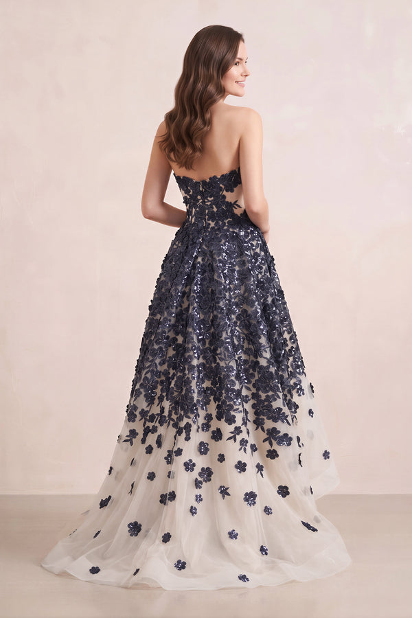 Navy Appliqued Tulle A-Line V-neck Wedding Dress - KISSBRIDAL