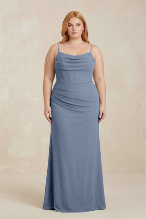 Neptune Cowl Neck Sheath Chiffon Bridesmaid Dress with Corset  [sizeplus]  | KISSBRIDAL