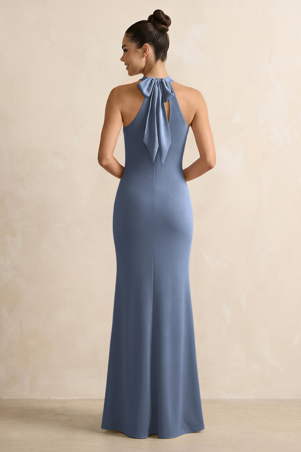 Crisscross Halter Sheath Satin Bridesmaid Dress with Bow in Neptune