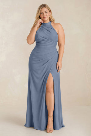 Neptune High Neck Chiffon Sheath Ruched Bridesmaid Dress [sizeplus] | KISSBRIDAL