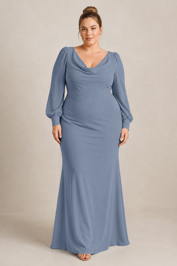 Neptune Long Sleeve V-Neck Sheath Chiffon Bridesmaid Dress [sizeplus] | KISSBRIDAL