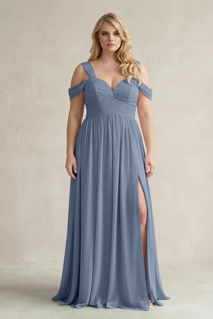 Neptune Off-the-Shoulder A-Line Chiffon Bridesmaid Dress With Slit | KISSBRIDAL