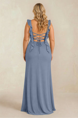 Neptune Ruffled Sleeve Ruched Sheath Chiffon Bridesmaid Dress (2) [sizeplus] | KISSBRIDAL