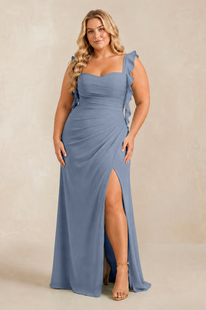Neptune Ruffled Sleeve Ruched Sheath Chiffon Bridesmaid Dress [sizeplus] | KISSBRIDAL
