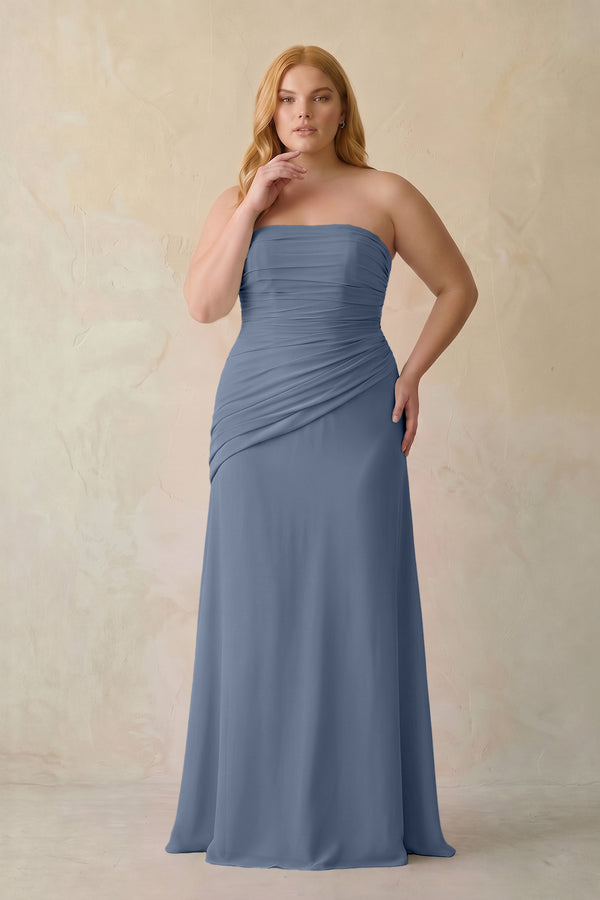Neptune Sheath Chiffon Strapless Pleated Bridesmaid Dress (3) | KISSBRIDAL[sizeplus]