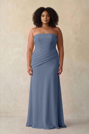 Neptune Sheath Chiffon Strapless Pleated Bridesmaid Dress | KISSBRIDAL[sizeplus]