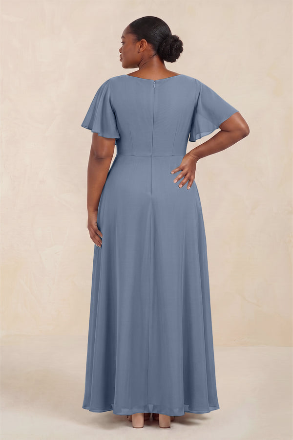 Neptune Short Sleeves Bateau A-Line Chiffon Bridesmaid Dress (4) [sizeplus] | KISSBRIDAL