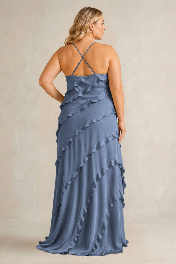 Neptune Spaghetti Straps Sheath Stain Ruffled Bridesmaid Dress (2) | KISSBRIDAL[sizeplus]