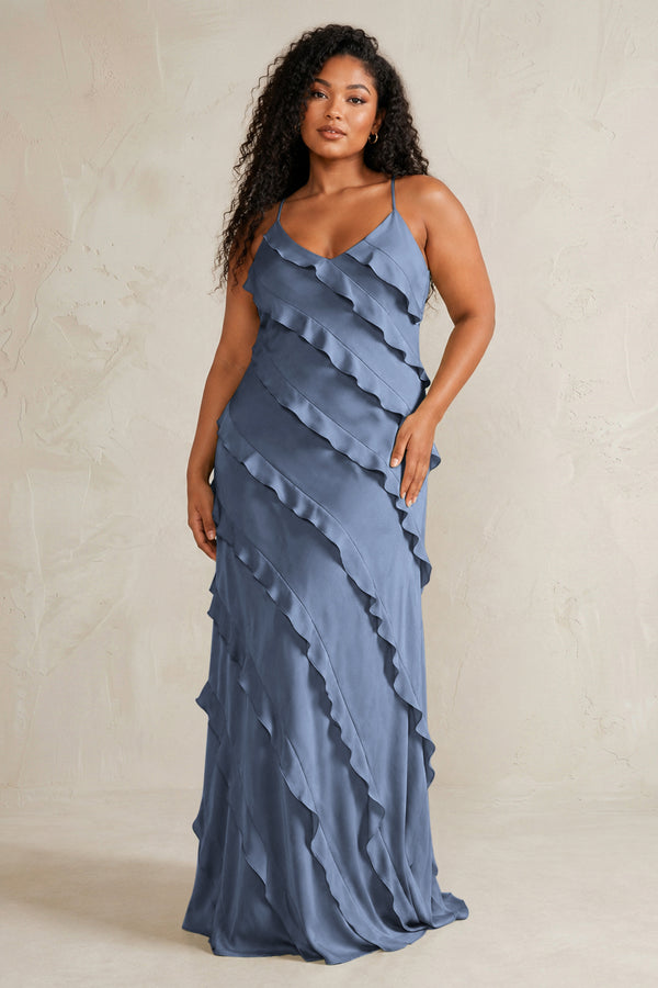 Neptune Spaghetti Straps Sheath Stain Ruffled Bridesmaid Dress (3) | KISSBRIDAL[sizeplus]
