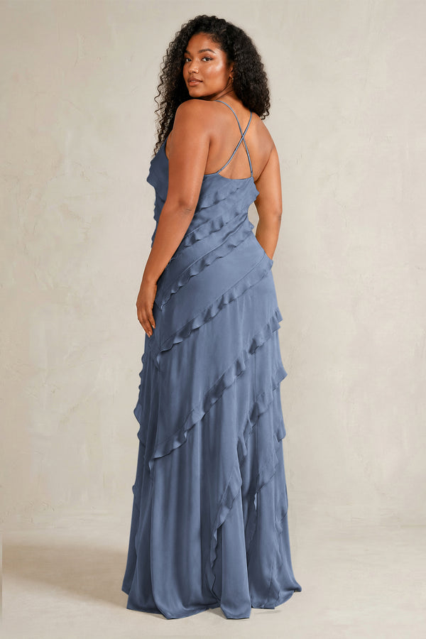 Neptune Spaghetti Straps Sheath Stain Ruffled Bridesmaid Dress (4) | KISSBRIDAL[sizeplus]