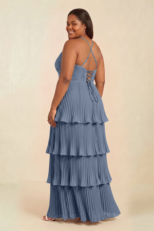 Neptune Tiered Pleated V-Neck A-Line Chiffon Bridesmaid Dress (2) [sizeplus] | KISSBRIDAL