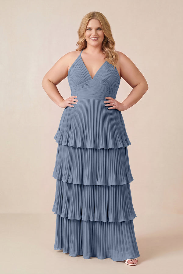 Neptune Tiered Pleated V-Neck A-Line Chiffon Bridesmaid Dress (3) [sizeplus] | KISSBRIDAL