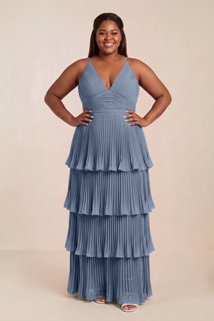 Neptune Tiered Pleated V-Neck A-Line Chiffon Bridesmaid Dress [sizeplus] | KISSBRIDAL