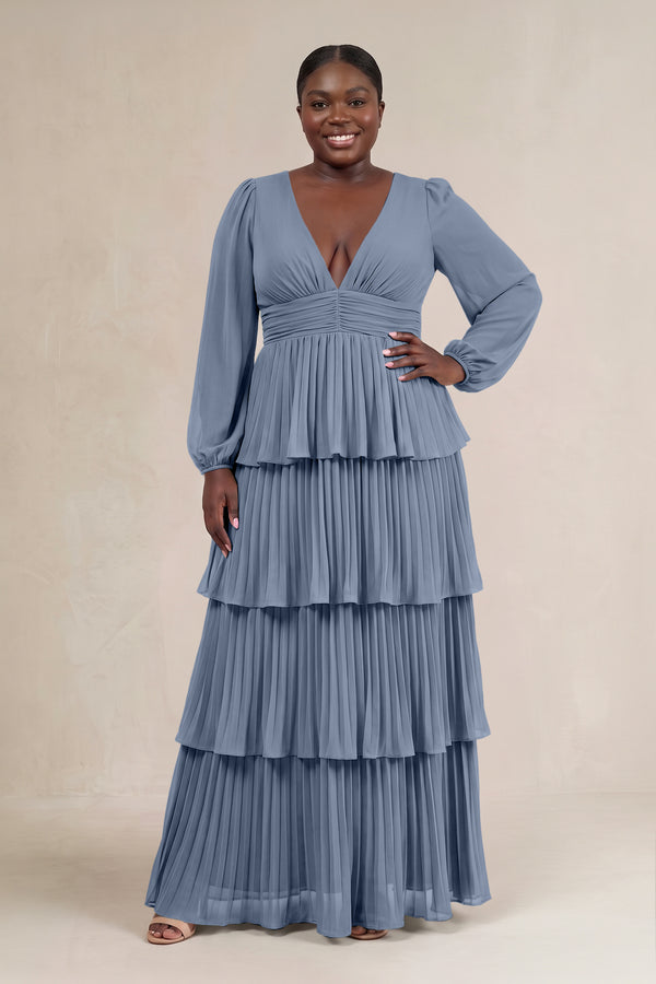 Neptune V-Neck Tiered A-Line Long Sleeve Bridesmaid Dress [sizeplus] | KISSBRIDAL