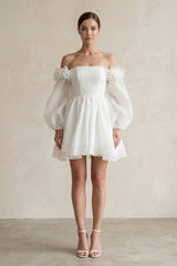 Off - the - Shoulder 3D - Flower Chiffon Long Sleeve Wedding Dress in Ivory - KISS BRIDAL Wedding Dresses
